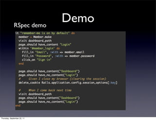 RSpec demo
                             Demo




Thursday, September 22, 11
 