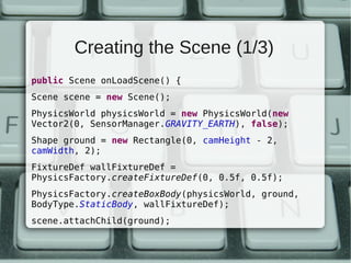 Creating the Scene (1/3)
public Scene onLoadScene() {
Scene scene = new Scene();
PhysicsWorld physicsWorld = new PhysicsWorld(new
Vector2(0, SensorManager.GRAVITY_EARTH), false);
Shape ground = new Rectangle(0, camHeight - 2,
camWidth, 2);
FixtureDef wallFixtureDef =
PhysicsFactory.createFixtureDef(0, 0.5f, 0.5f);
PhysicsFactory.createBoxBody(physicsWorld, ground,
BodyType.StaticBody, wallFixtureDef);
scene.attachChild(ground);
 