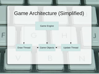Game Architecture (Simplified)

               Game Engine




 Draw Thread   Game Objects   Update Thread
 