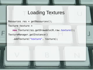 Loading Textures
Resources res = getResources();
Texture texture =
   new Texture(res.getDrawable(R.raw.texture));
TextureManager.getInstance()
   .addTexture("texture", texture);
 