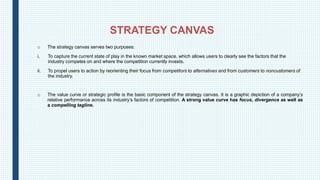 STRATEGY CANVAS
o The strategy canvas serves two purposes:
i. To capture the current state of play in the known market spa...