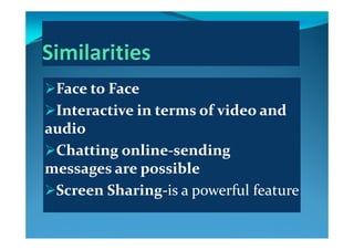 Face to FaceFace to Face
Interactive in terms of video and Interactive in terms of video and 
didiaudioaudio
Chatting onlineChatting online‐‐sending sending Chatting onlineChatting online sending sending 
messages are possiblemessages are possible
Screen Sharing‐is a powerful feature
 