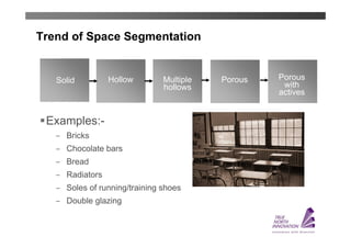 Trend of Space Segmentation


   Solid          Hollow        Multiple   Porous   Porous
                                hollows              with
                                                    actives


 Examples:-
    ̶ Bricks
    ̶ Chocolate bars
    ̶ Bread
    ̶ Radiators
    ̶ Soles of running/training shoes
    ̶ Double glazing
 