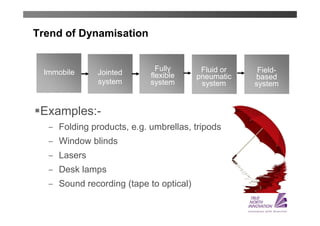 Trend of Dynamisation


 Immobile                    Fully        Fluid or    Field-
              Jointed      flexible      pneumatic   based
              system       system         system     system


 Examples:-
   ̶ Folding products, e.g. umbrellas, tripods
   ̶ Window blinds
   ̶ Lasers
   ̶ Desk lamps
   ̶ Sound recording (tape to optical)
 