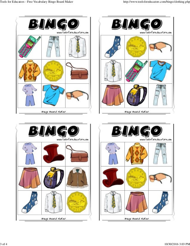 Clothing vocabulary bingo board