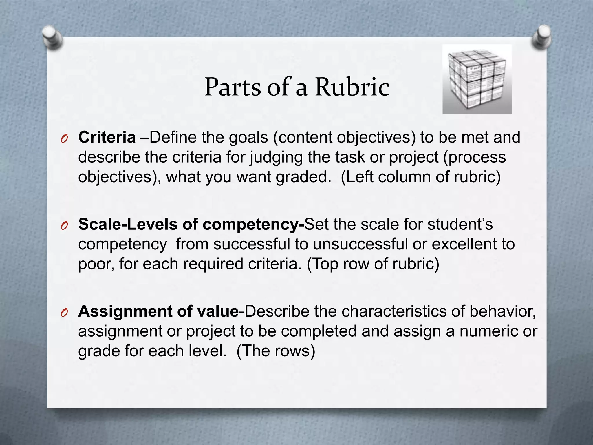 Parts of a Rubric
O Criteria –Define the goals (content objectives) to be met and
  describe the criteria for judging the task or project (process
  objectives), what you want graded. (Left column of rubric)

O Scale-Levels of competency-Set the scale for student’s
  competency from successful to unsuccessful or excellent to
  poor, for each required criteria. (Top row of rubric)

O Assignment of value-Describe the characteristics of behavior,
  assignment or project to be completed and assign a numeric or
  grade for each level. (The rows)
 