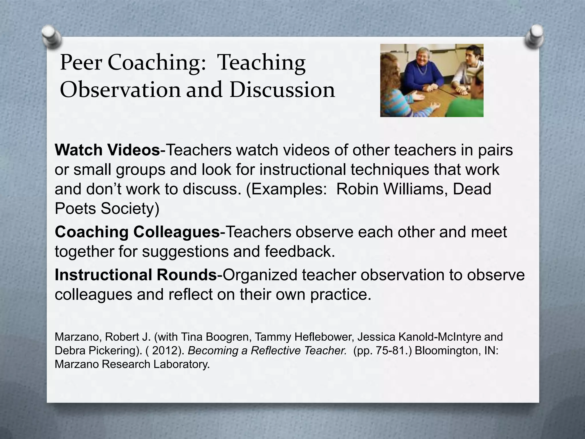 Peer Coaching: Teaching
Observation and Discussion

Watch Videos-Teachers watch videos of other teachers in pairs
or small groups and look for instructional techniques that work
and don’t work to discuss. (Examples: Robin Williams, Dead
Poets Society)
Coaching Colleagues-Teachers observe each other and meet
together for suggestions and feedback.
Instructional Rounds-Organized teacher observation to observe
colleagues and reflect on their own practice.

Marzano, Robert J. (with Tina Boogren, Tammy Heflebower, Jessica Kanold-McIntyre and
Debra Pickering). ( 2012). Becoming a Reflective Teacher. (pp. 75-81.) Bloomington, IN:
Marzano Research Laboratory.
 