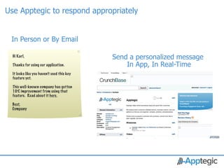 Use Apptegic to respond appropriately


 In Person or By Email

  Hi Karl,                                  Send a personalized message
  Thanks for using our application.             In App, In Real-Time
  It looks like you haven’t used this key
  feature yet.

  This well-known company has gotten
  10% improvement from using that
  feature. Read about it here.

  Best,
  Company




 CONFIDENTIAL
 