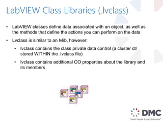 LabVIEW Class Libraries (.lvclass)
• LabVIEW classes define data associated with an object, as well as
the methods that define the actions you can perform on the data
• Lvclass is similar to an lvlib, however:
• lvclass contains the class private data control (a cluster ctl
stored WITHIN the .lvclass file)
• lvclass contains additional OO properties about the library and
its members
 