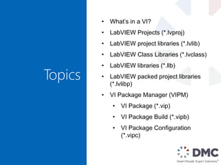Topics
• What’s in a VI?
• LabVIEW Projects (*.lvproj)
• LabVIEW project libraries (*.lvlib)
• LabVIEW Class Libraries (*.lvclass)
• LabVIEW libraries (*.llb)
• LabVIEW packed project libraries
(*.lvlibp)
• VI Package Manager (VIPM)
• VI Package (*.vip)
• VI Package Build (*.vipb)
• VI Package Configuration
(*.vipc)
 