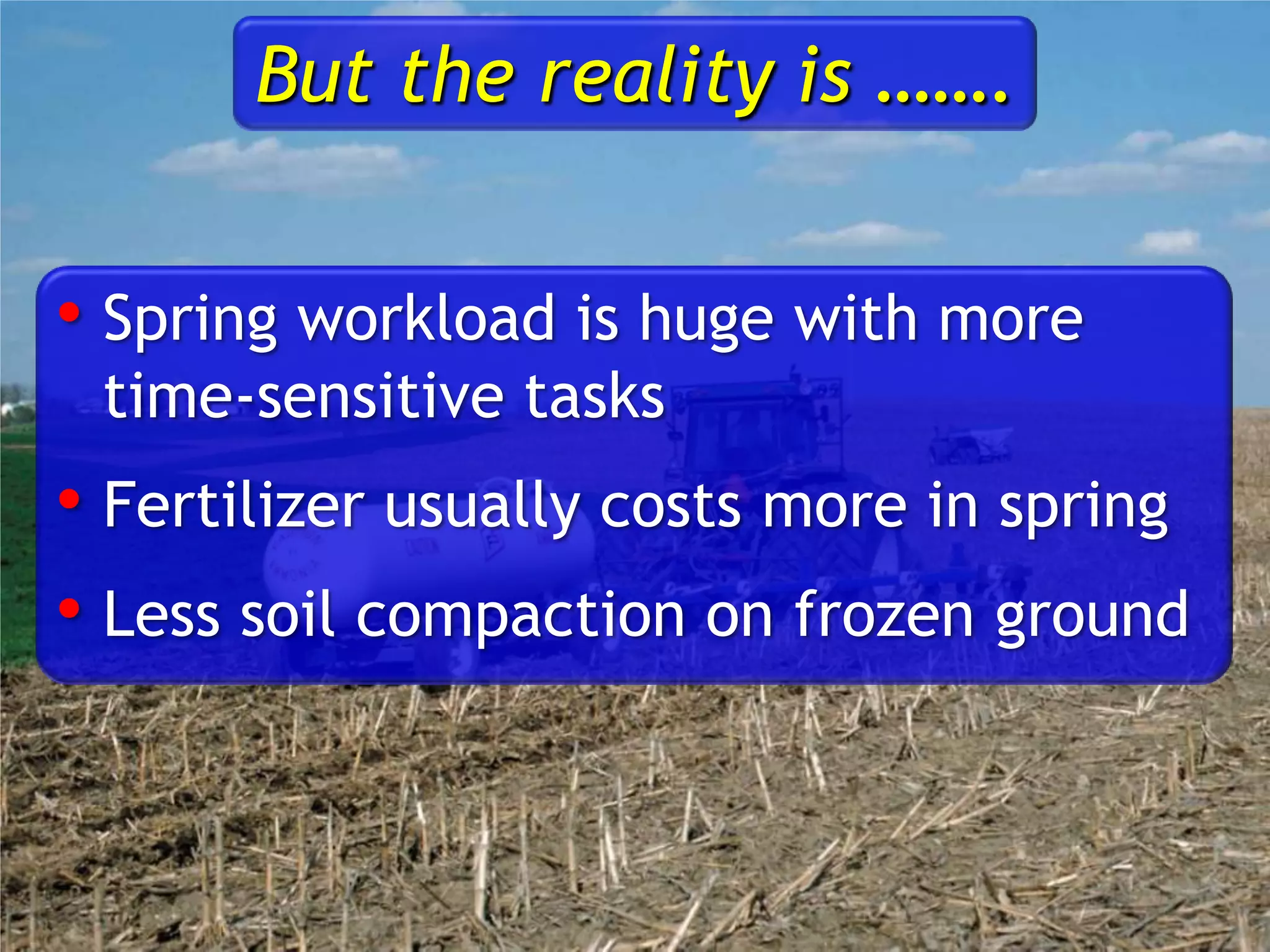 • Spring workload is huge with more
time-sensitive tasks
• Fertilizer usually costs more in spring
• Less soil compaction on frozen ground
But the reality is …….
 