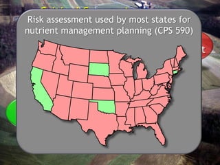 High
source
High
transport
Critical Source Area
Led to the 80/20 rule:
80% of P comes from
20% of land area
Risk assessment used by most states for
nutrient management planning (CPS 590)
 