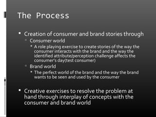 The Process
 Creation of consumer and brand stories through
   Consumer world
     A role playing exercise to create stories of the way the
      consumer interacts with the brand and the way the
      identified attribute/perception challenge affects the
      consumer’s day(test consumer)
   Brand world
     The perfect world of the brand and the way the brand
      wants to be seen and used by the consumer

 Creative exercises to resolve the problem at
  hand through interplay of concepts with the
  consumer and brand world
 