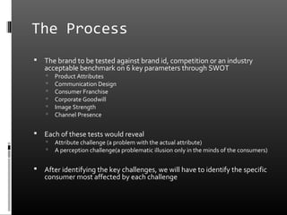 The Process
   The brand to be tested against brand id, competition or an industry
    acceptable benchmark on 6 key parameters through SWOT
       Product Attributes
       Communication Design
       Consumer Franchise
       Corporate Goodwill
       Image Strength
       Channel Presence

   Each of these tests would reveal
       Attribute challenge (a problem with the actual attribute)
       A perception challenge(a problematic illusion only in the minds of the consumers)

   After identifying the key challenges, we will have to identify the specific
    consumer most affected by each challenge
 