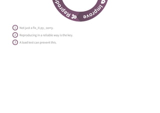 Rep
rod

Im
prove
Not just a fix_it.py , sorry.1
Reproducing in a reliable way is the key.2
A load test can prevent this.3
 