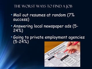 The Worst Ways to Find a Job
• Mail out resumes at random (7%
success)
• Answering local newspaper ads (5-
24%)
• Going to private employment agencies
(5-24%)
 
