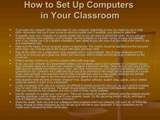How to Set Up Computers  in Your Classroom If you have one computer Pick a home base for your computer depending on how you expect to use it most often. Remember that you'll need access to electrical outlets and, if available, your phone or cable line.  If possible, keep your computer on a sturdy mobile cart so you can move it around the room. As you and your students develop more expertise, you'll probably use the computer in a greater variety of ways. For example, even if you initially use it as a student workstation, plan ahead so you can move it to the front of the room to use as a presentation tool.  Make sure the height of your computer station is appropriate. The monitor should be eye-level and the keyboard elbow-high. Use a mouse pad so the mouse rolls easily and stays clean.  Plug all the cables into a single power strip equipped with a surge protector. Not all surge protectors are the same, so be sure you get a good one. Better yet, have your district install commercial surge protection on the circuit box.  Protect younger children by covering unused outlets with plug caps.  If you use your computer as a presentation station, you'll probably want a scan converter or a projection device. Scan converters allow you to send your computer image to a television monitor. These devices cost about $200 to $400 and are available from Digital Vision, View, and other manufacturers. LCD (liquid crystal display) panels are connected to your computer via a cable and sit on top of an overhead so the image can be projected on a screen. These units generally cost anywhere from $1,000 to $6,000 and require a high-quality overhead and partially darkened room. (It's easy to see why most schools are opting for scan converters!)  Help students make the best of limited computer time. Organize software, student disks, guides, and/or related resources nearby in a box or on a bookshelf.  Create a schedule. With only one computer it's difficult to provide access for everyone, so you'll need to schedule time for each child or small group. The length should depend on the assignment and students' attention span. Post your schedule by the computer and have a clock or timer readily available.  Use the computer to support your curriculum. There are hundreds of excellent software titles that address specific learning objectives. Look for those that fit your students' needs. (In the upcoming month's article, we'll take a look at integrating technology into the curriculum.)  Share the wealth. Both you and your colleagues have occasions when one computer just won't do. At times like these, arrange to share computers so you can set up a mini-lab in your classroom. If your computers are on mobile carts, transporting them will be easy.  