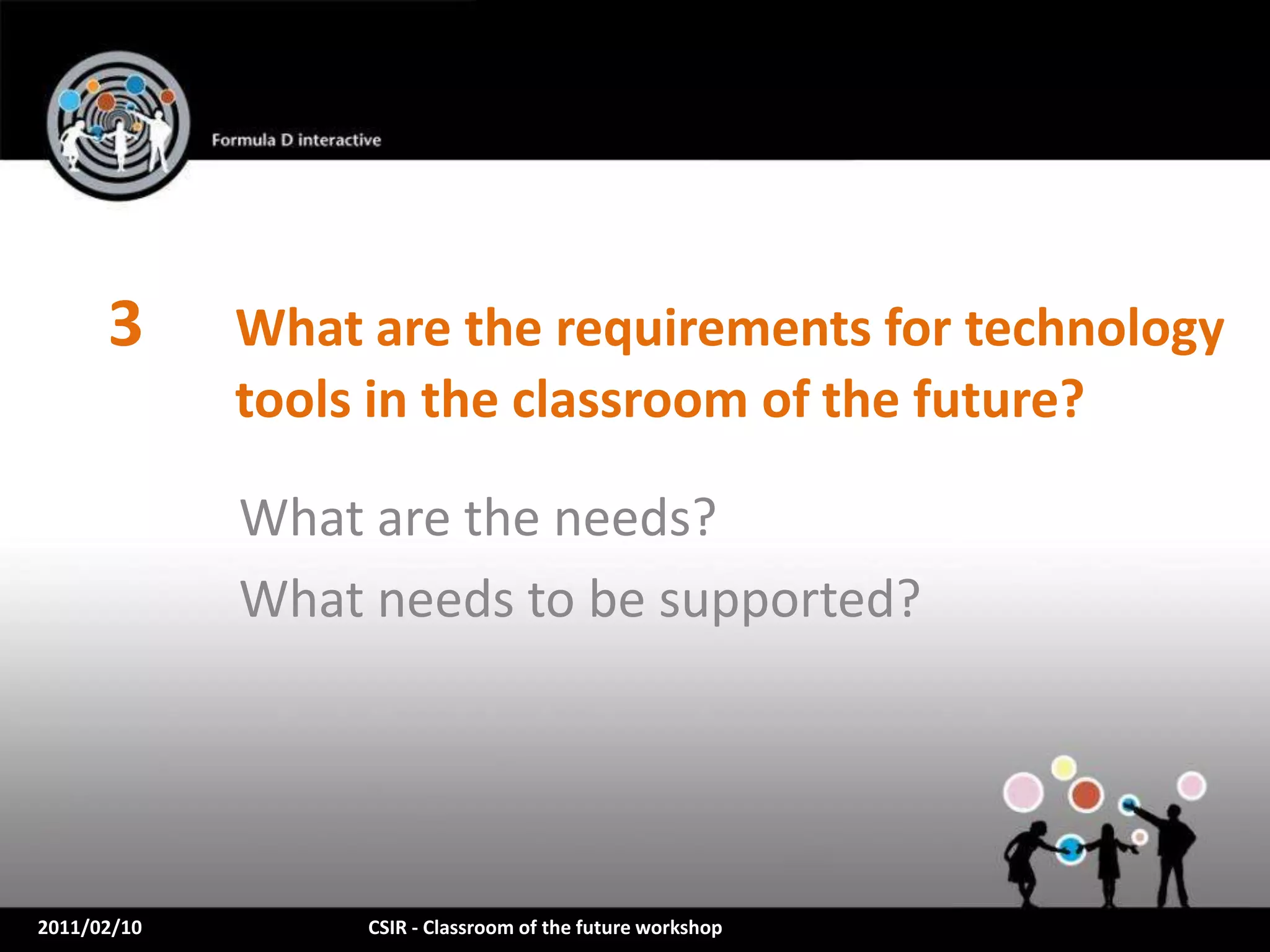 3      What are the requirements for technology
             tools in the classroom of the future?

             What are the needs?
             What needs to be supported?




2011/02/10        CSIR - Classroom of the future workshop
 