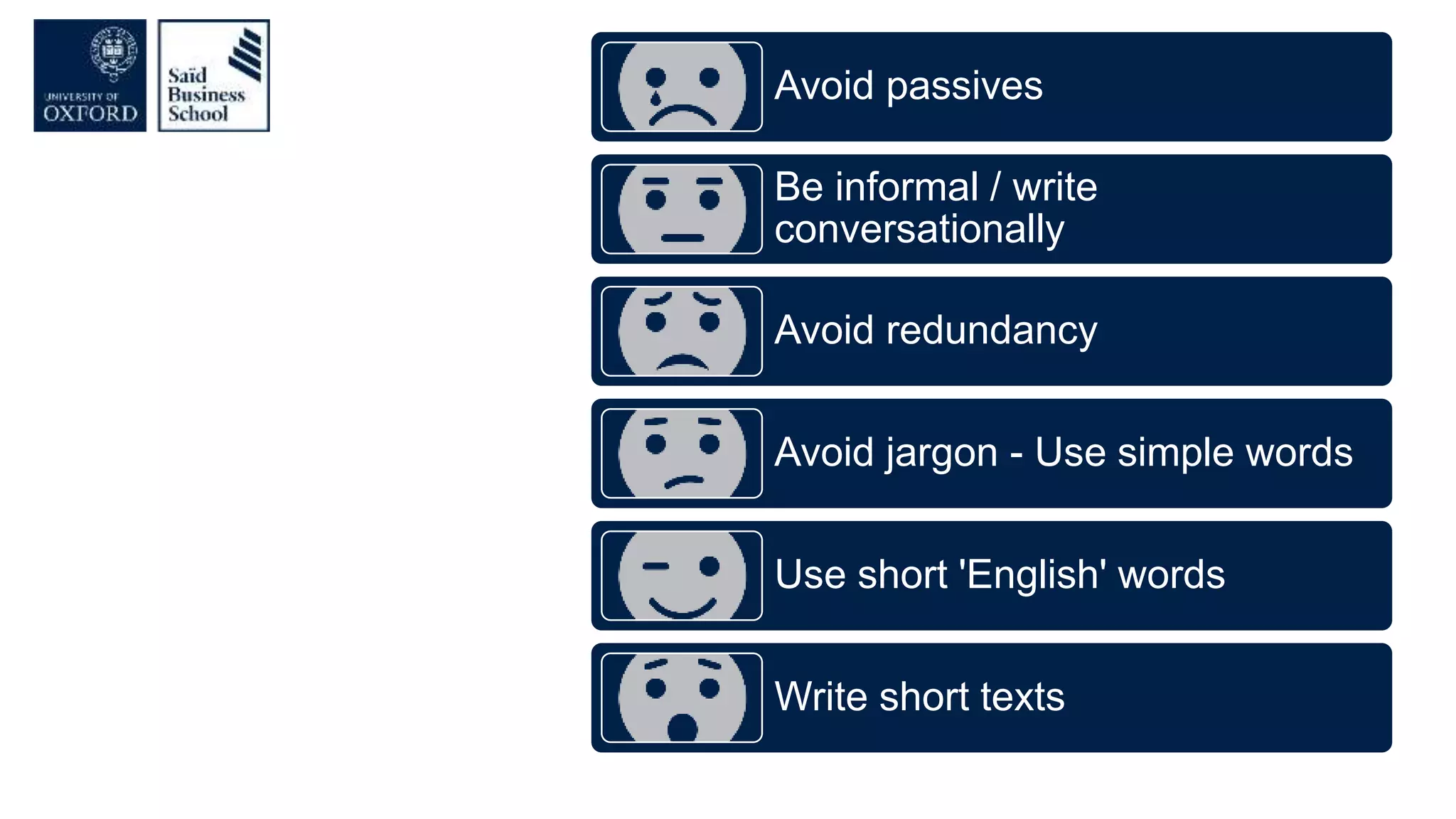 Avoid passives
Be informal / write
conversationally
Avoid redundancy
Avoid jargon - Use simple words
Use short 'English' words
Write short texts
 