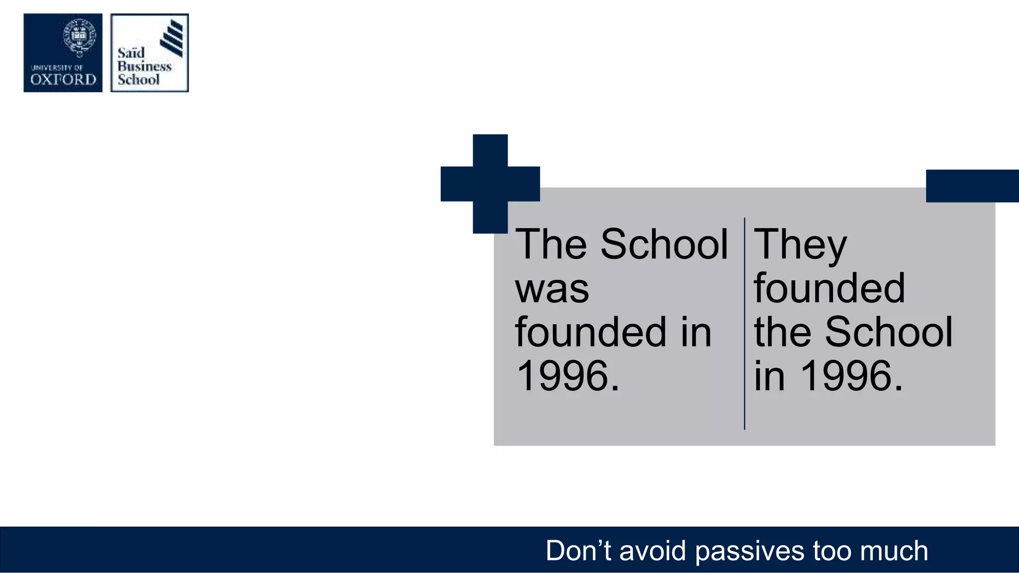Don’t avoid passives too much
The School
was
founded in
1996.
They
founded
the School
in 1996.
 