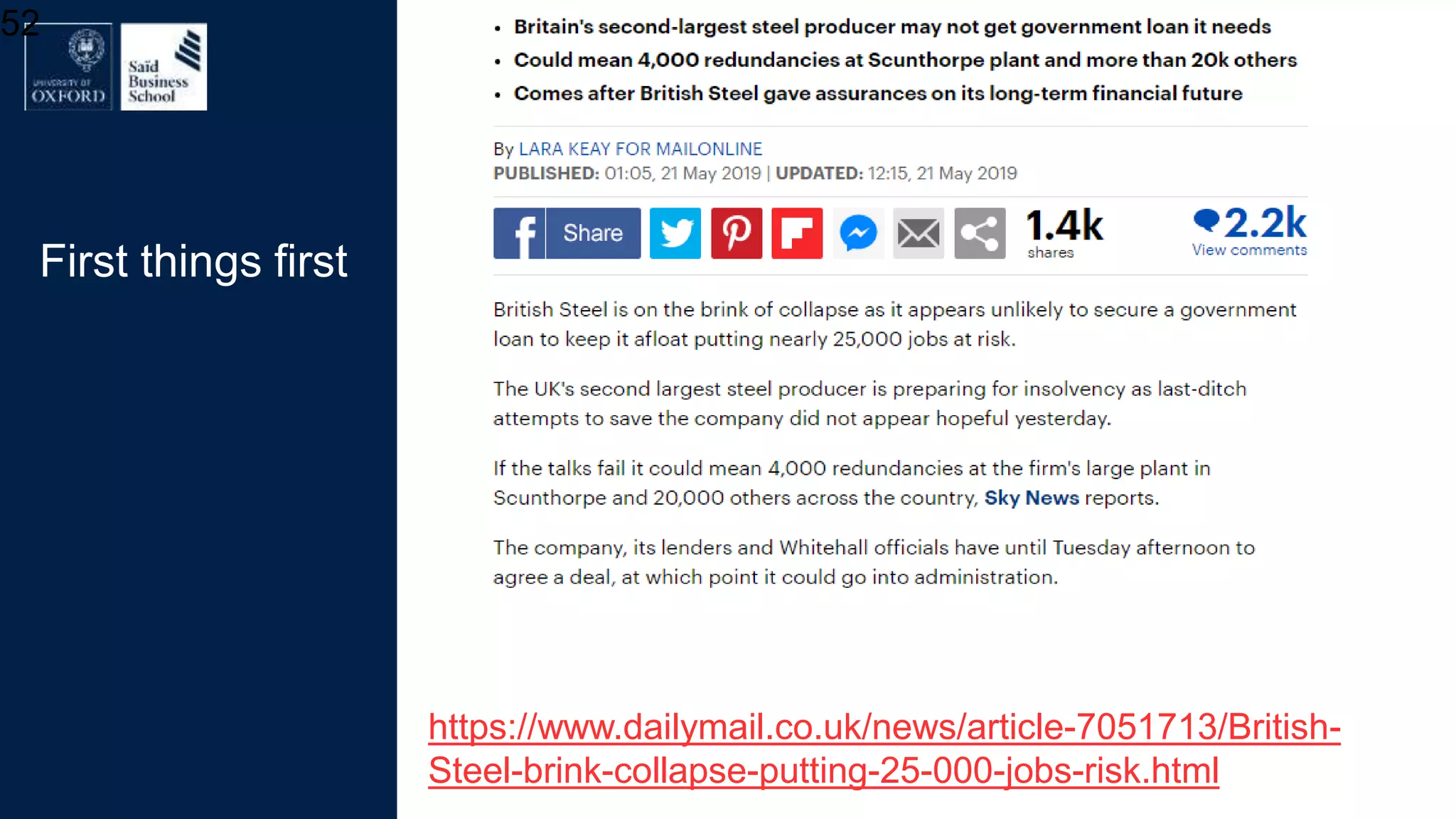52
https://www.dailymail.co.uk/news/article-7051713/British-
Steel-brink-collapse-putting-25-000-jobs-risk.html
First things first
 