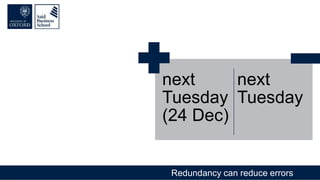 Redundancy can reduce errors
next
Tuesday
(24 Dec)
next
Tuesday
 
