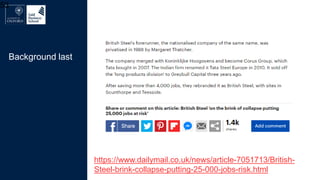 53
https://www.dailymail.co.uk/news/article-7051713/British-
Steel-brink-collapse-putting-25-000-jobs-risk.html
Background last
 