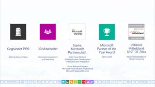Gegründet 1999
Sitz Frankfurt am Main
30 Mitarbeiter
Unternehmensstandort
und Nearshore
Microsoft
Partner of the
Year Award
2005 & 2010
Starke
Microsoft
Partnerschaft
Gold Cloud Platform
Gold Application Development
Gold Application Integration
Azure Advisors Program
Microsoft Most Valuable Professional
Microsoft Regional Director
Initiative
Mittelstand
BEST OF 2014
INNOVATIONSPREIS-IT
Cloud Computing
 