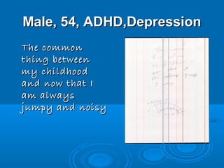 Male, 54, ADHD,Depression
The common
thing between
my childhood
and now that I
am always
jumpy and noisy
 