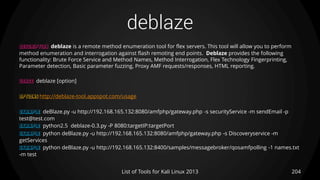 deblaze
204List of Tools for Kali Linux 2013
DESCRIPTION deblaze is a remote method enumeration tool for flex servers. This tool will allow you to perform
method enumeration and interrogation against flash remoting end points. Deblaze provides the following
functionality: Brute Force Service and Method Names, Method Interrogation, Flex Technology Fingerprinting,
Parameter detection, Basic parameter fuzzing, Proxy AMF requests/responses, HTML reporting.
USAGE deblaze [option]
OPTIONS http://deblaze-tool.appspot.com/usage
EXAMPLE deBlaze.py -u http://192.168.165.132:8080/amfphp/gateway.php -s securityService -m sendEmail -p
test@test.com
EXAMPLE python2.5 deblaze-0.3.py -P 8080:targetIP:targetPort
EXAMPLE python deBlaze.py -u http://192.168.165.132:8080/amfphp/gateway.php -s Discoveryservice -m
getServices
EXAMPLE python deBlaze.py -u http://192.168.165.132:8400/samples/messagebroker/qosamfpolling -1 names.txt
-m test
 