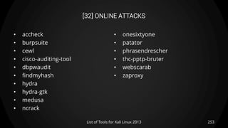 [32] ONLINE ATTACKS
• accheck
• burpsuite
• cewl
• cisco-auditing-tool
• dbpwaudit
• findmyhash
• hydra
• hydra-gtk
• medusa
• ncrack
• onesixtyone
• patator
• phrasendrescher
• thc-pptp-bruter
• webscarab
• zaproxy
253List of Tools for Kali Linux 2013
 