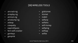 [39] WIRELESS TOOLS
• aircrack-ng
• aireplay-ng
• airmon-ng
• airodump-ng
• asleap
• cowpatty
• eapmd5pass
• fern-wifi-cracker
• genkeys
• genpmk
• giskismet
• kismet
• mdk3
• wifiarp
• wifidns
• wifi-honey
• wifiping
• wifitap
• wifite
334List of Tools for Kali Linux 2013
 