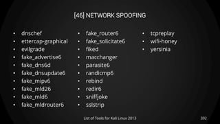 [46] NETWORK SPOOFING
• dnschef
• ettercap-graphical
• evilgrade
• fake_advertise6
• fake_dns6d
• fake_dnsupdate6
• fake_mipv6
• fake_mld26
• fake_mld6
• fake_mldrouter6
• fake_router6
• fake_solicitate6
• fiked
• macchanger
• parasite6
• randicmp6
• rebind
• redir6
• sniffjoke
• sslstrip
• tcpreplay
• wifi-honey
• yersinia
392List of Tools for Kali Linux 2013
 