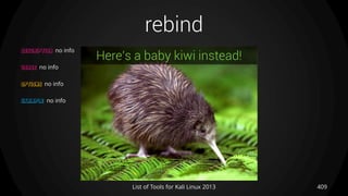 rebind
409List of Tools for Kali Linux 2013
DESCRIPTION no info
USAGE no info
OPTIONS no info
EXAMPLE no info
Here’s a baby kiwi instead!
 