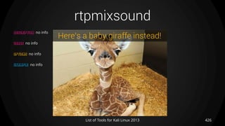 rtpmixsound
426List of Tools for Kali Linux 2013
DESCRIPTION no info
USAGE no info
OPTIONS no info
EXAMPLE no info
Here’s a baby giraffe instead!
 