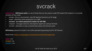 svcrack
431List of Tools for Kali Linux 2013
DESCRIPTION SIPVicious suite is a set of tools that can be used to audit SIP based VoIP systems. It currently
consists of four tools:
• svmap - this is a sip scanner. Lists SIP devices found on an IP range
• svwar - identifies active extensions on a PBX
• svcrack - an online password cracker for SIP PBX
• svreport - manages sessions and exports reports to various formats
• svcrash - attempts to stop unauthorized svwar and svcrack scans
SIPvicious password cracker is an online password guessing tool for SIP devices.
Read more: https://code.google.com/p/sipvicious/wiki/GettingStarted
USAGE n/a
OPTIONS n/a
EXAMPLE n/a
 