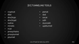 [51] TUNNELING TOOLS
• cryptcat
• dbd
• dns2tcpc
• dns2tcpd
• iodine
• miredo
• ncat
• proxychains
• proxytunnel
• ptunnel
• pwnat
• sbd
• socat
• sslh
• stunnel4
• updtunnel
455List of Tools for Kali Linux 2013
 