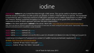 iodine
460List of Tools for Kali Linux 2013
DESCRIPTION iodine lets you tunnel IPv4 data through a DNS server. This can be useful in situations where
Internet access is firewalled, but DNS queries are allowed. It needs a TUN/TAP device to operate. The bandwidth
is asymmetrical, with a measured maximum of 680 kbit/s upstream and 2.3 Mbit/s downstream in a wired LAN
test network. Realistic sustained throughput on a Wifi network using a carrier-grade DNS cache has been
measured at some 50 kbit/s upstream and over 200 kbit/s downstream.
iodine is the client application, iodined is the server. More info: http://dev.kryo.se/iodine/wiki/HowtoSetup
Note: server and client are required to speak the exact same protocol. In most cases, this means running the same iodine version. Unfortunately, implementing
backward and forward protocol compatibility is usually not feasible.
USAGE iodine (client) and iodined [-v] (server)
USAGE iodine (client) and iodined [-h] (server)
USAGE iodine (client) and iodined [-c] [-s] [-f] [-D] [-u user ] [-t chrootdir ] [-d device ] [-m mtu ] [-l listen_ip ] [-p port ] [-
n external_ip ] [-b dnsport ] [-P password ] [-z context ] [-F pidfile ] tunnel_ip [/netmask ] topdomain ] (server)
OPTIONS http://linux.die.net/man/8/iodine
EXAMPLE ./iodined -fP test 10.0.0.1 test.asdf (server)
EXAMPLE ./iodine -fP test 192.168.0.1 test.asdf (client)
 