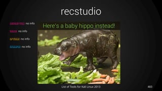 recstudio
483List of Tools for Kali Linux 2013
DESCRIPTION no info
USAGE no info
OPTIONS no info
EXAMPLE no info
Here’s a baby hippo instead!
 