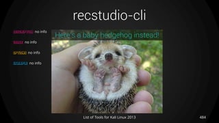 recstudio-cli
484List of Tools for Kali Linux 2013
DESCRIPTION no info
USAGE no info
OPTIONS no info
EXAMPLE no info
Here’s a baby hedgehog instead!
 