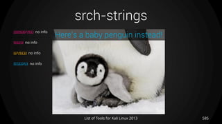 srch-strings
585List of Tools for Kali Linux 2013
DESCRIPTION no info
USAGE no info
OPTIONS no info
EXAMPLE no info
Here’s a baby penguin instead!
 