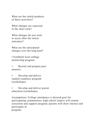What are the initial products
of these activities?
What changes are expected
in the short term?
What changes do you want
to occur after the initial
outcomes?
What are the anticipated
changes over the long haul?
• Establish local college
mentorship program.
• Recruit and prepare peer
mentors.
• Develop and deliver
student readiness program
(workshops).
• Develop and deliver parent
education (workshops).
Assumptions: College attendance is desired goal for
participating communities; high school leaders will remain
consistent and support program; parents will show interest and
participate in
program.
 