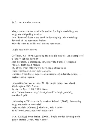 References and resources
Many resources are available online for logic modeling and
program and policy evalua-
tion. Some of them were used in developing this workshop.
Several of the resources below
provide links to additional online resources.
Logic model resources
Coffman, J. (1999). Learning from logic models: An example of
a family-school partner-
ship program. Cambridge, MA: Harvard Family Research
Project. Retrieved March
16, 2013, from http://www.hfrp.org/publications-
resources/browse-our-publications/
learning-from-logic-models-an-example-of-a-family-school-
partnership-program
Innovation Network, Inc. (2011). Logic model workbook.
Washington, DC: Author.
Retrieved March 18, 2013, from
http://www.innonet.org/client_docs/File/logic_model_
workbook.pdf
University of Wisconsin Extension School. (2002). Enhancing
program performance with
logic models. [Course.] Madison, WI: Author.
http://www.uwex.edu/ces/lmcourse/#
W.K. Kellogg Foundation. (2006). Logic model development
guide. Battle Creek, MI: Author.
 