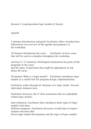 Session I. Learning about logic models (2 hours)
Agenda
5 minutes Introduction and goals Facilitator offers introductions
followed by an overview of the agenda and purposes of
the workshop.
10 minutes Introducing the cases Facilitator reviews cases
that will be used as examples throughout the workshop.
Activity I.1 (7 minutes): Participants brainstorm the goals of the
programs in the cases
and the types of questions that might be appropriate to ask
about the cases.
20 minutes What is a logic model? Facilitator introduces logic
models as a useful tool for program design, implementation,
Facilitator walks through all elements of a logic model. Several
individual elements have
Facilitator discusses the if–then statements that are embedded
within logic models.
and evaluation. Facilitator then introduces three types of logic
models with three
different purposes. Facilitator discusses overall idea of inputs-
outputs-outcomes that
drives logic model development and the logic of logic models.
 