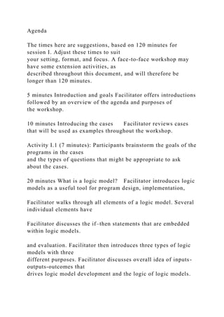 Agenda
The times here are suggestions, based on 120 minutes for
session I. Adjust these times to suit
your setting, format, and focus. A face-to-face workshop may
have some extension activities, as
described throughout this document, and will therefore be
longer than 120 minutes.
5 minutes Introduction and goals Facilitator offers introductions
followed by an overview of the agenda and purposes of
the workshop.
10 minutes Introducing the cases Facilitator reviews cases
that will be used as examples throughout the workshop.
Activity I.1 (7 minutes): Participants brainstorm the goals of the
programs in the cases
and the types of questions that might be appropriate to ask
about the cases.
20 minutes What is a logic model? Facilitator introduces logic
models as a useful tool for program design, implementation,
Facilitator walks through all elements of a logic model. Several
individual elements have
Facilitator discusses the if–then statements that are embedded
within logic models.
and evaluation. Facilitator then introduces three types of logic
models with three
different purposes. Facilitator discusses overall idea of inputs-
outputs-outcomes that
drives logic model development and the logic of logic models.
 