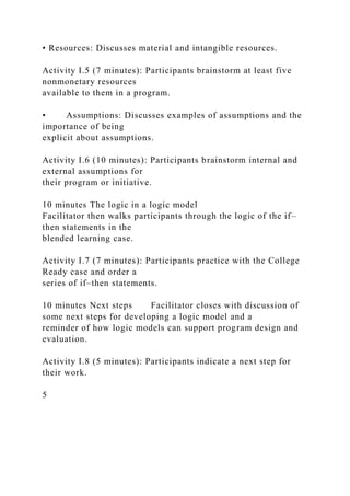 • Resources: Discusses material and intangible resources.
Activity I.5 (7 minutes): Participants brainstorm at least five
nonmonetary resources
available to them in a program.
• Assumptions: Discusses examples of assumptions and the
importance of being
explicit about assumptions.
Activity I.6 (10 minutes): Participants brainstorm internal and
external assumptions for
their program or initiative.
10 minutes The logic in a logic model
Facilitator then walks participants through the logic of the if–
then statements in the
blended learning case.
Activity I.7 (7 minutes): Participants practice with the College
Ready case and order a
series of if–then statements.
10 minutes Next steps Facilitator closes with discussion of
some next steps for developing a logic model and a
reminder of how logic models can support program design and
evaluation.
Activity I.8 (5 minutes): Participants indicate a next step for
their work.
5
 