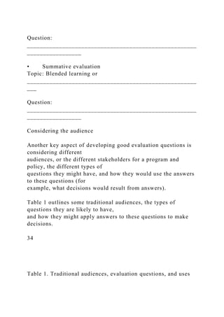 Question:
_____________________________________________________
_________________
• Summative evaluation
Topic: Blended learning or
_____________________________________________________
___
Question:
_____________________________________________________
_________________
Considering the audience
Another key aspect of developing good evaluation questions is
considering different
audiences, or the different stakeholders for a program and
policy, the different types of
questions they might have, and how they would use the answers
to these questions (for
example, what decisions would result from answers).
Table 1 outlines some traditional audiences, the types of
questions they are likely to have,
and how they might apply answers to these questions to make
decisions.
34
Table 1. Traditional audiences, evaluation questions, and uses
 