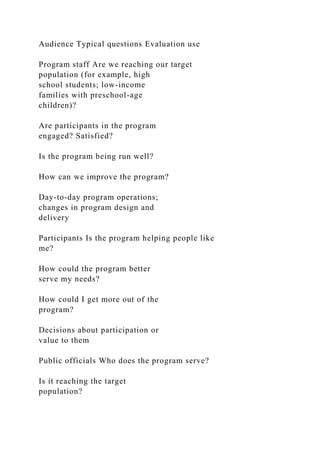 Audience Typical questions Evaluation use
Program staff Are we reaching our target
population (for example, high
school students; low-income
families with preschool-age
children)?
Are participants in the program
engaged? Satisfied?
Is the program being run well?
How can we improve the program?
Day-to-day program operations;
changes in program design and
delivery
Participants Is the program helping people like
me?
How could the program better
serve my needs?
How could I get more out of the
program?
Decisions about participation or
value to them
Public officials Who does the program serve?
Is it reaching the target
population?
 