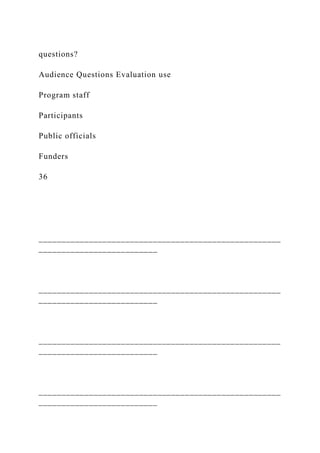 questions?
Audience Questions Evaluation use
Program staff
Participants
Public officials
Funders
36
_____________________________________________________
__________________________
_____________________________________________________
__________________________
_____________________________________________________
__________________________
_____________________________________________________
__________________________
 