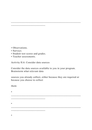 _____________________________________________________
__________________________
• Observations.
• Surveys.
• Student test scores and grades.
• Teacher assessments.
Activity II.6: Consider data sources
Consider the data sources available to you in your program.
Brainstorm what relevant data
sources you already collect, either because they are required or
because you choose to collect
them:
•
_____________________________________________________
__________________________
•
_____________________________________________________
__________________________
•
 